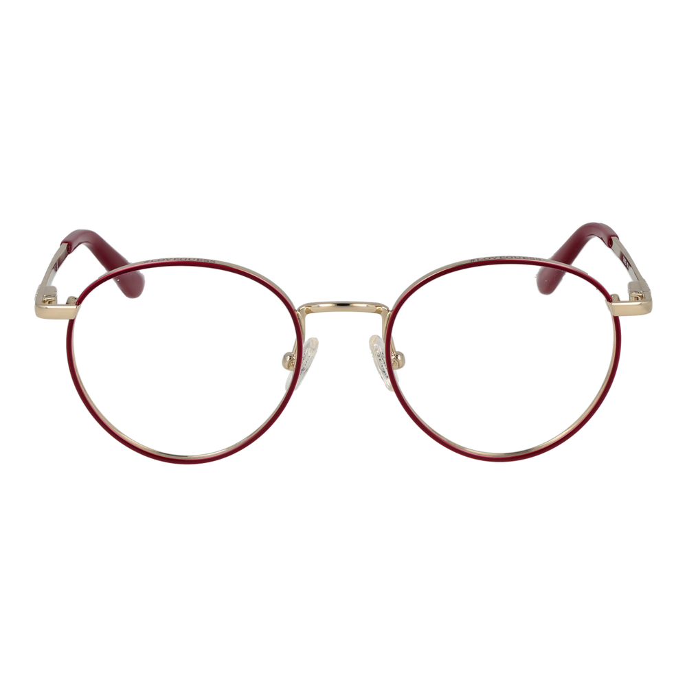Unisex gold metal round eyeglasses with thin frame and adjustable nose pads against white background