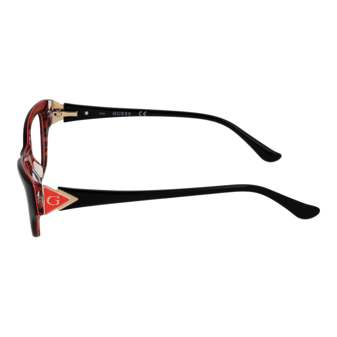 Black and red cat-eye eyeglasses in plastic with gold temples and logo emblem, front three-quarter view