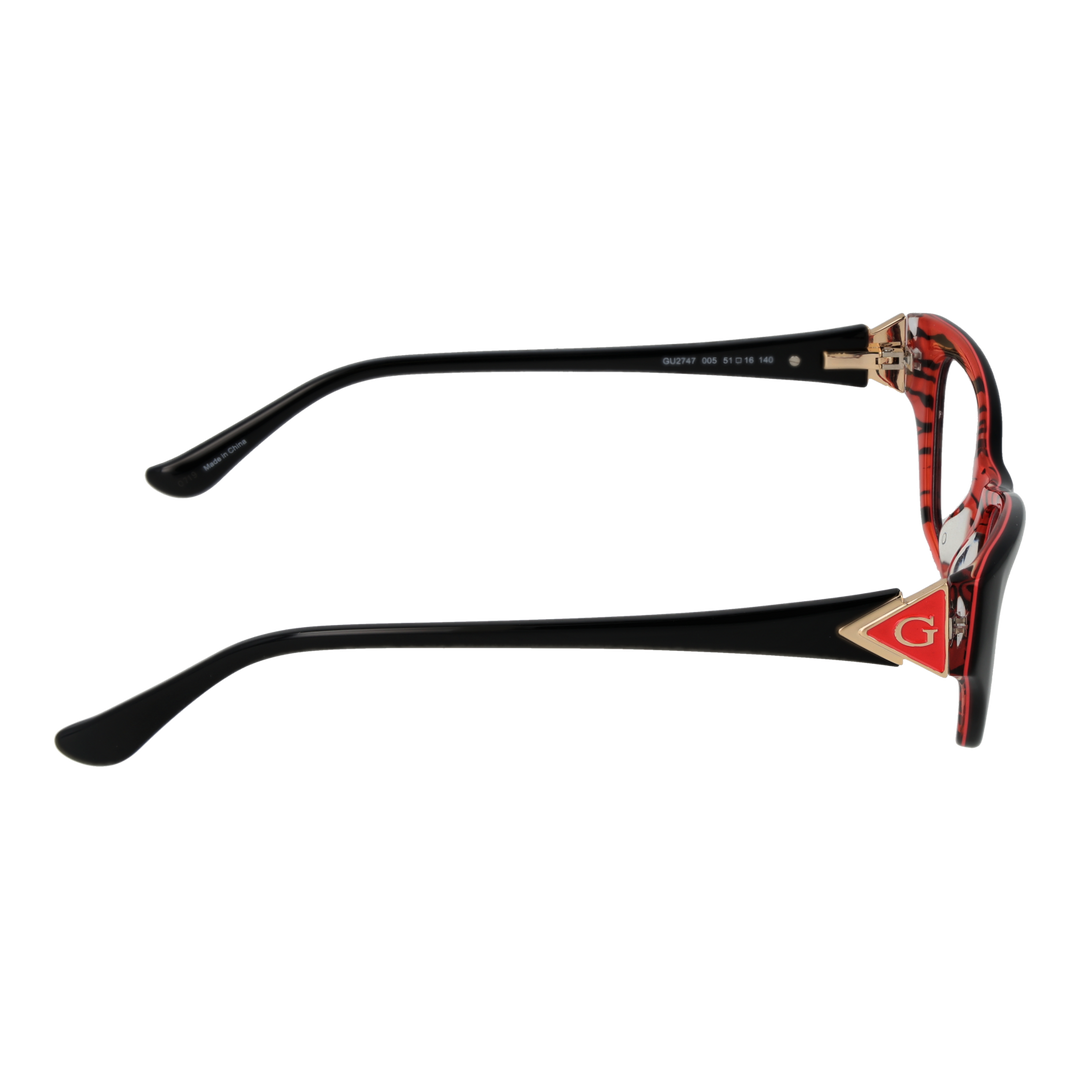 Black and red cat-eye eyeglasses in plastic with gold temples and logo emblem, front three-quarter view