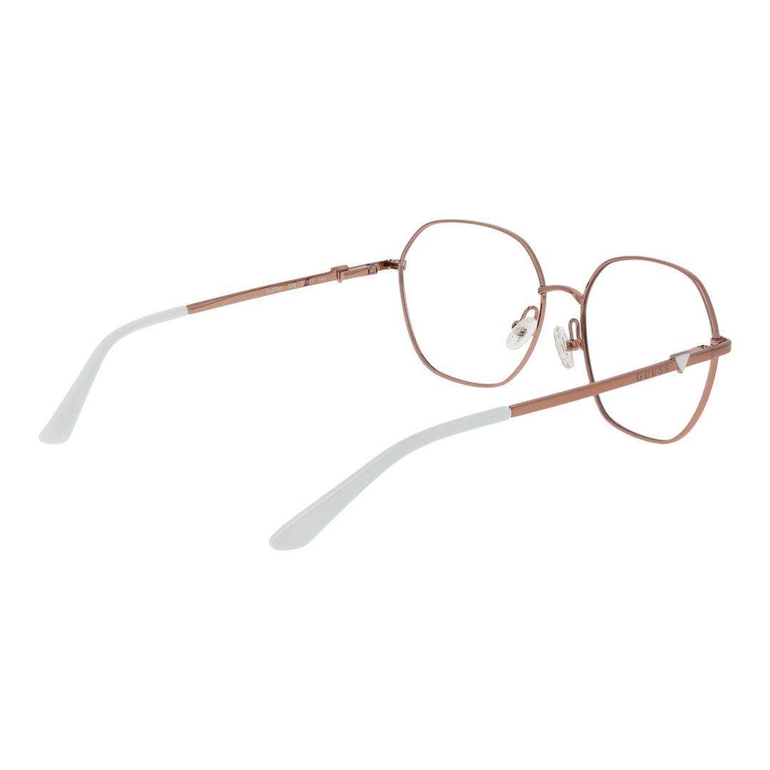 Rose gold hexagonal metal eyeglasses with clear nose pads on white background