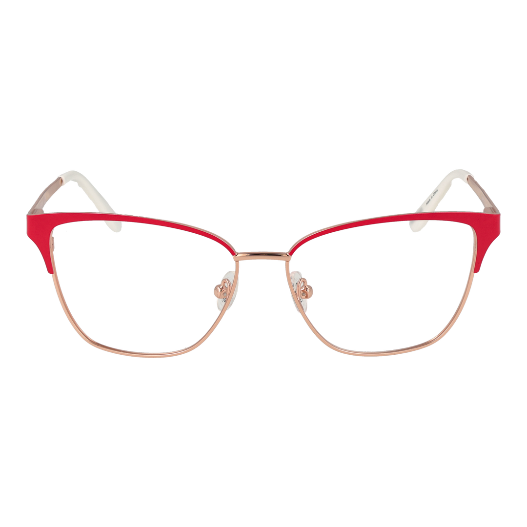Red-accented rose gold metal cat-eye eyeglasses with white detailing, clear lenses, and adjustable nose pads on neutral background.