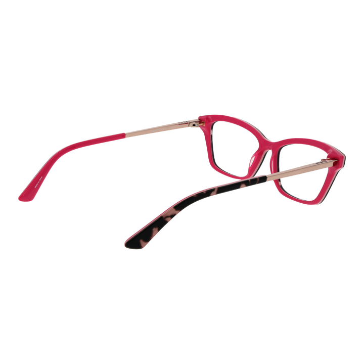 Black tortoiseshell rectangular eyeglasses with pink inner frame and metal temples, triangular corner accents