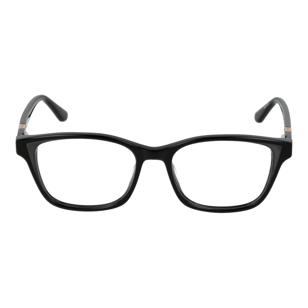 Unisex black full-rim rectangular eyeglasses with red triangular detail on temples, modern plastic frame