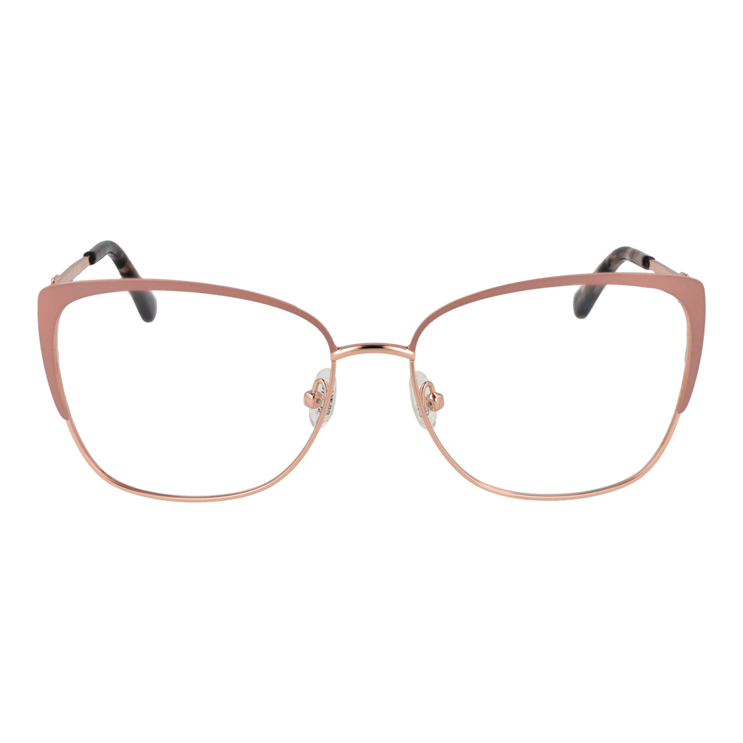 Rose gold metal rectangular eyeglasses with tortoiseshell temple accents on white background, front three-quarter view