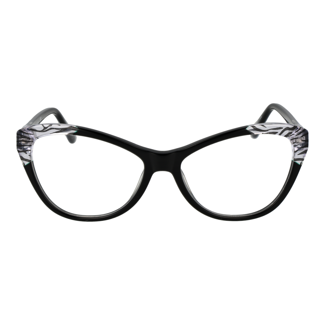 Black and transparent cat-eye eyeglasses with zebra print accents on upper frame for Women, plastic construction