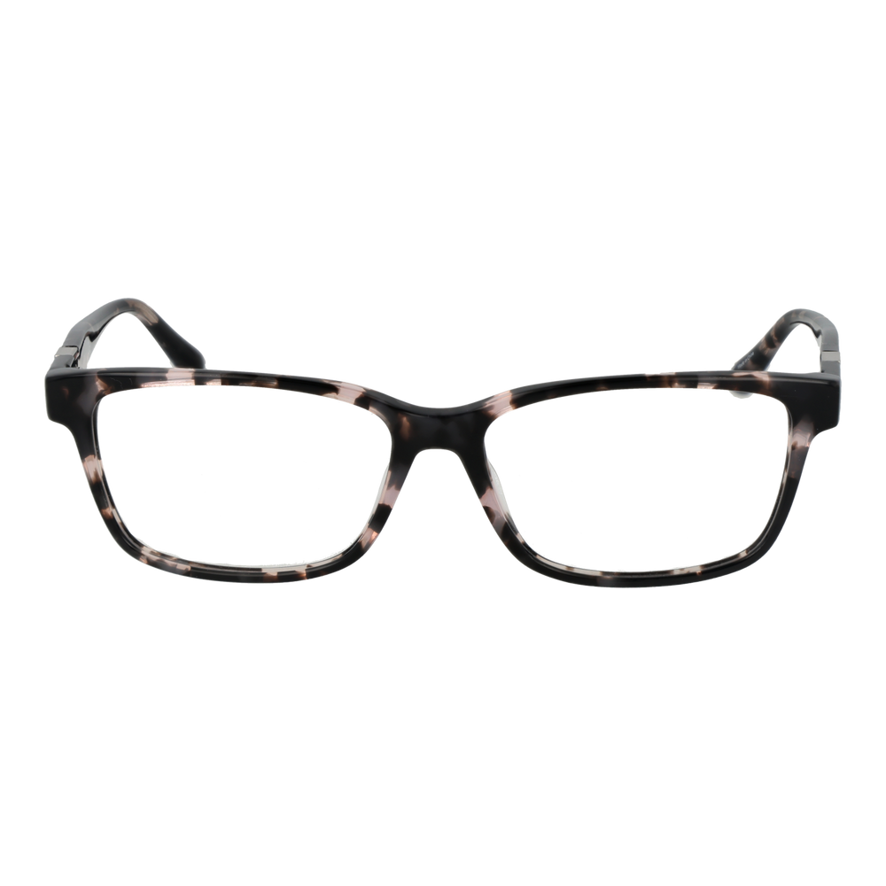 Unisex black and beige tortoiseshell full-rim rectangular eyeglasses with logo on temple, modern plastic frame