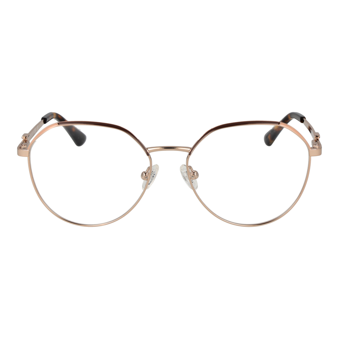 Rose gold thin metal round eyeglasses with tortoiseshell temple tips on a neutral background for Women