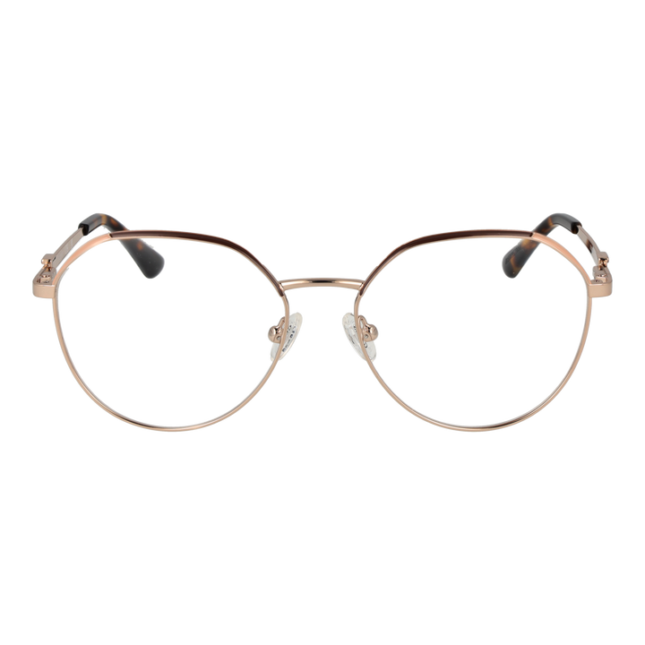 Rose gold thin metal round eyeglasses with tortoiseshell temple tips on a neutral background for Women