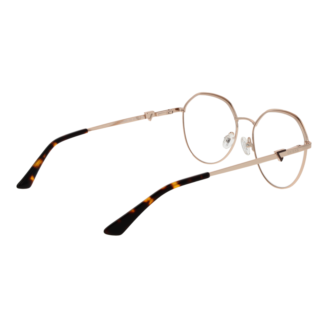 Rose gold thin metal round eyeglasses with tortoiseshell temple tips on a neutral background for Women