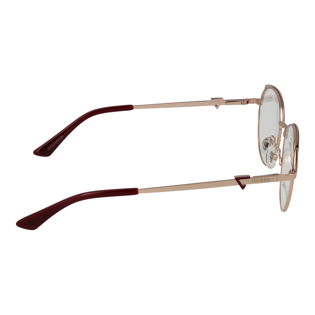 Gold thin metal round eyeglasses with burgundy temple tips and decorative hinge detail, front view