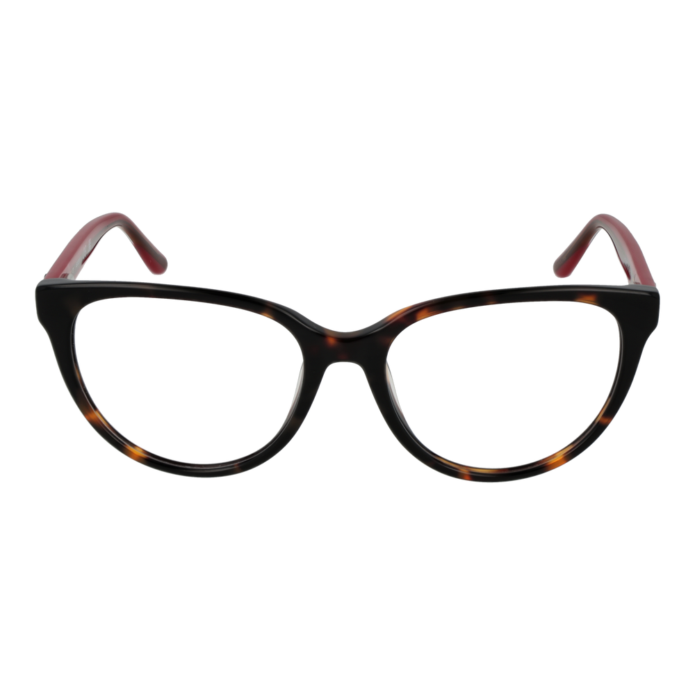 Tortoiseshell cat-eye eyeglasses for Women with red arms and logo emblem on arm, front three-quarter view