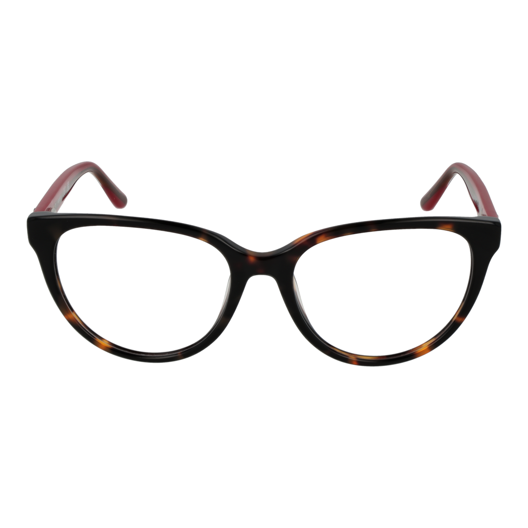Tortoiseshell cat-eye eyeglasses for Women with red arms and logo emblem on arm, front three-quarter view