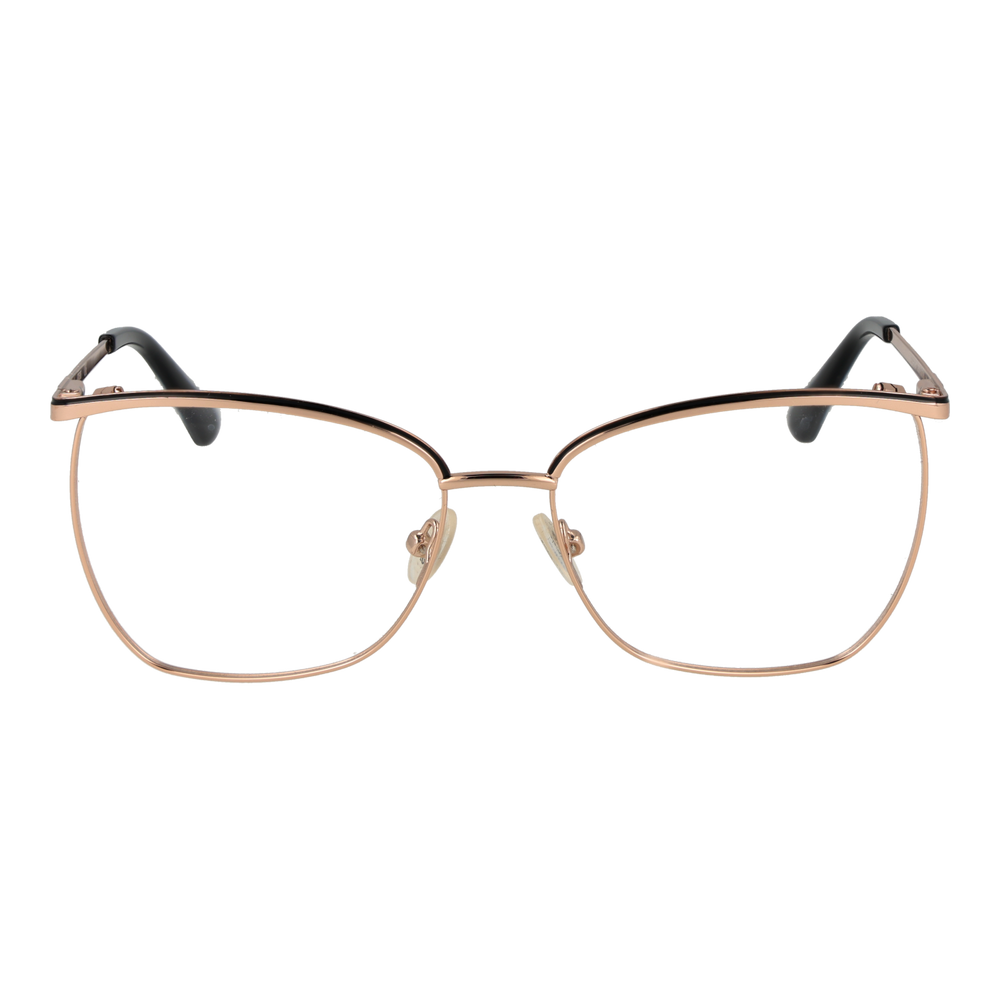 Rose gold metal cat-eye eyeglasses with black accents, thin temples, and clear lenses on white background