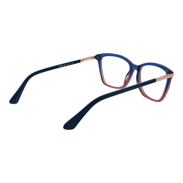 Blue-to-red gradient square eyeglasses with rose-gold metal temples on white background