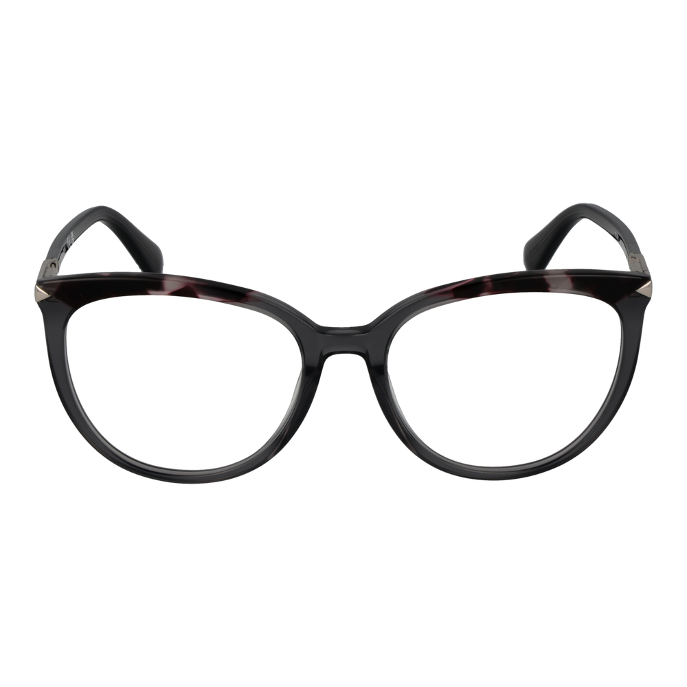 Black tortoiseshell round eyeglasses with metal temple accents and engraved brand detail