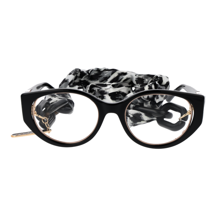 Black and gold cat-eye eyeglasses with thin metal temples and patterned fabric strap laid on white background