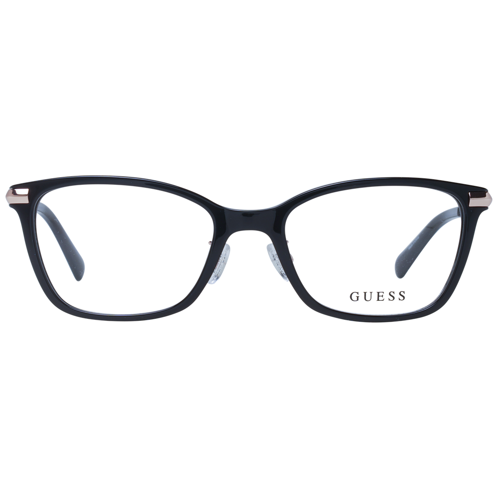 Black rectangular eyeglasses with rose-gold thin metal temples and adjustable nose pads on neutral background