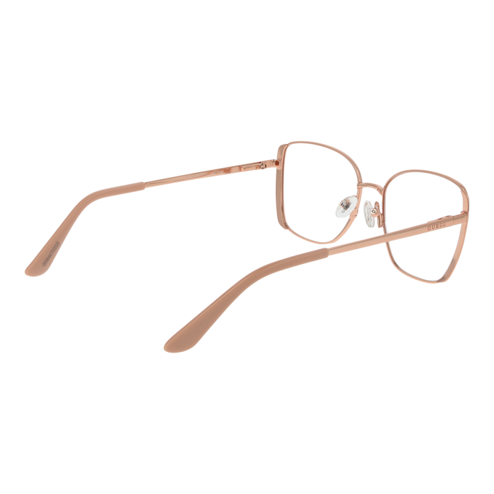 Rose gold metal eyeglasses for Women with thin square lenses and adjustable nose pads on white background