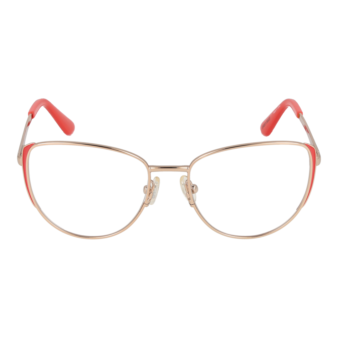 Gold metal cat-eye eyeglasses with coral temple tips, thin temples and adjustable nose pads on white background