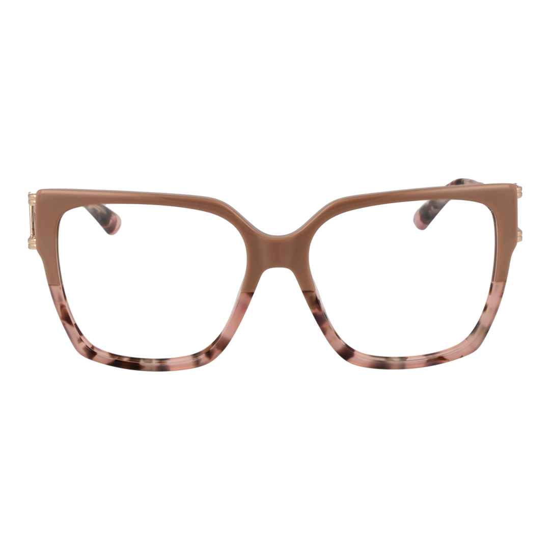 Brown tortoiseshell square eyeglasses with slim metal temples and triangular metal detail, angled view on white