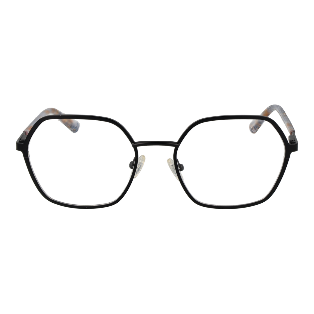 Black metal hexagonal eyeglasses with beige, black, white patterned plastic arms and adjustable nose pads