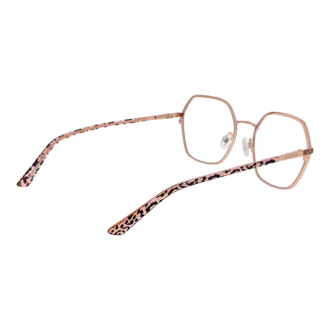 Rose gold geometric eyeglasses with glittery metal front and leopard-print plastic temples for Women