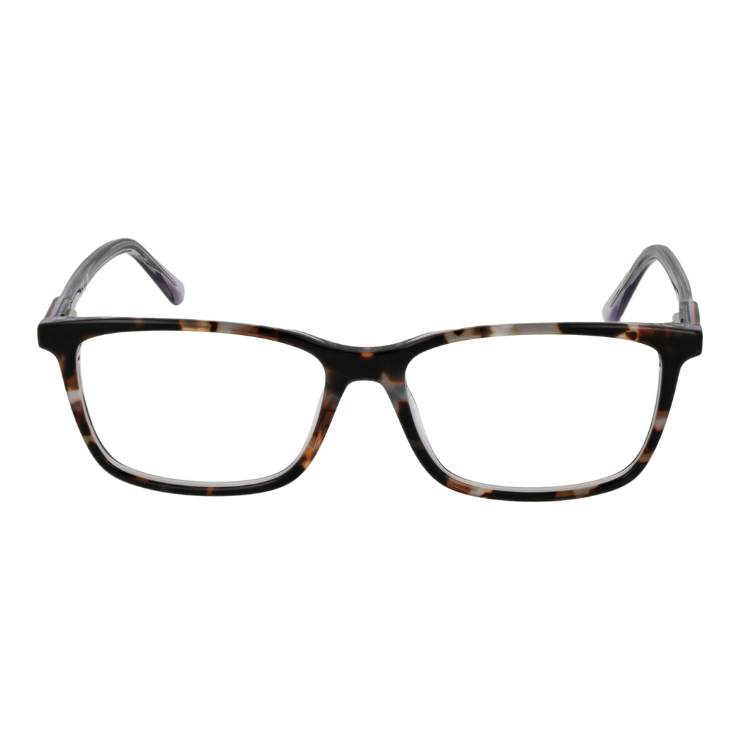 Unisex tortoise plastic rectangular eyeglasses with transparent purple arms and brand plaque on arm