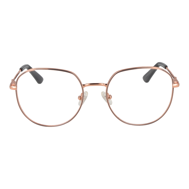 Unisex rose gold thin metal eyeglasses with black temple tips and rounded square lenses on white background