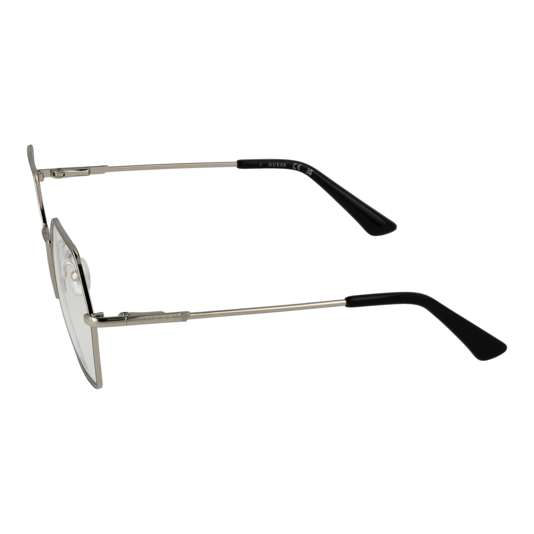 Unisex silver hexagonal metal eyeglasses with thin temples and black temple tips on white background