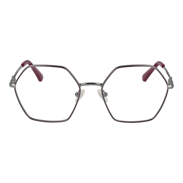 Silver hexagonal eyeglasses with thin metal frame and burgundy plastic temple tips on white background
