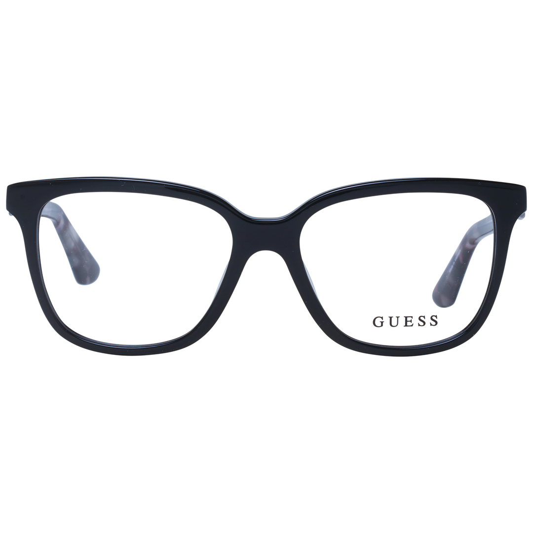 Black rectangular eyeglasses with tortoiseshell patterned temples and logo hinge detail viewed three-quarter