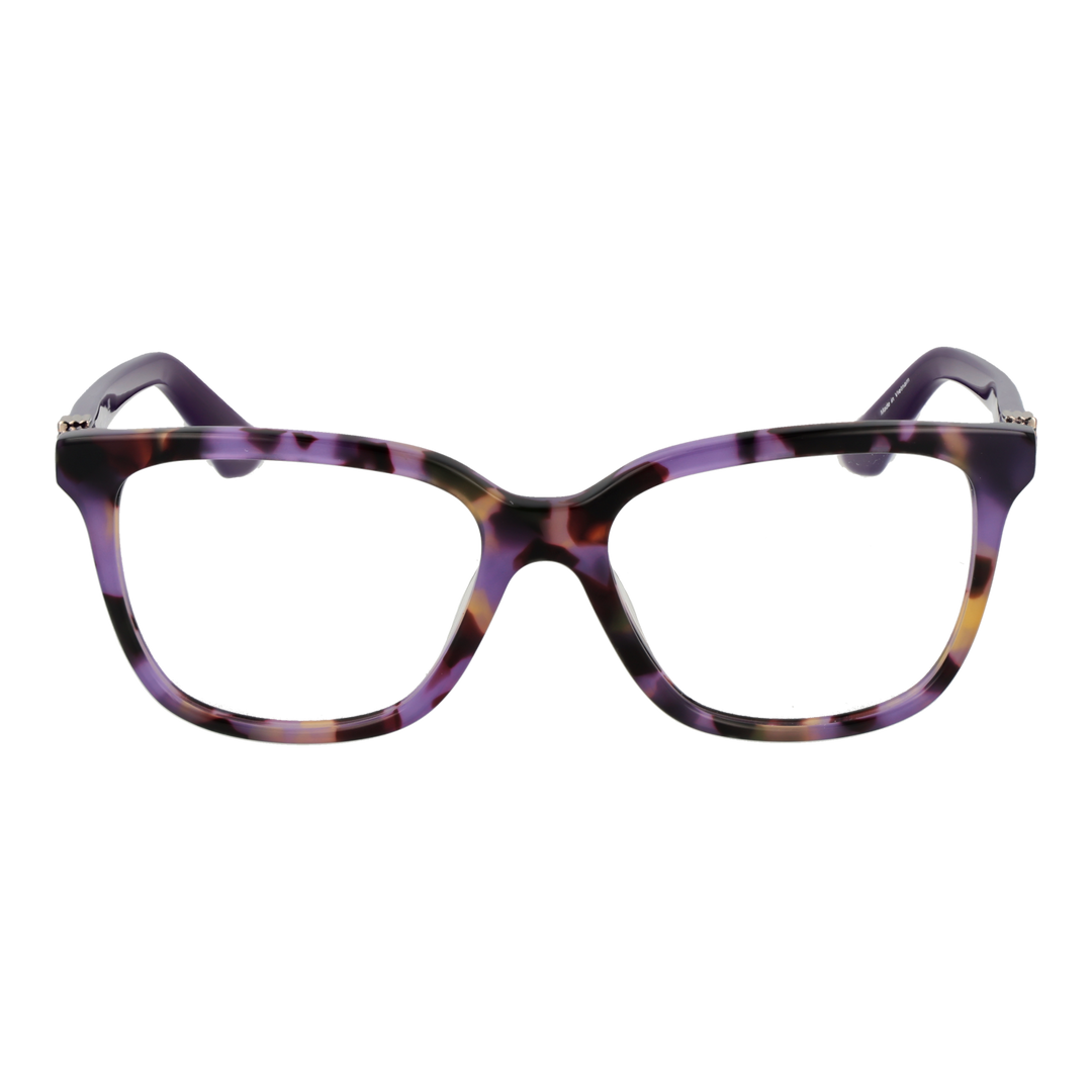 Purple black yellow tortoiseshell square eyeglasses with metallic logo on temples against white