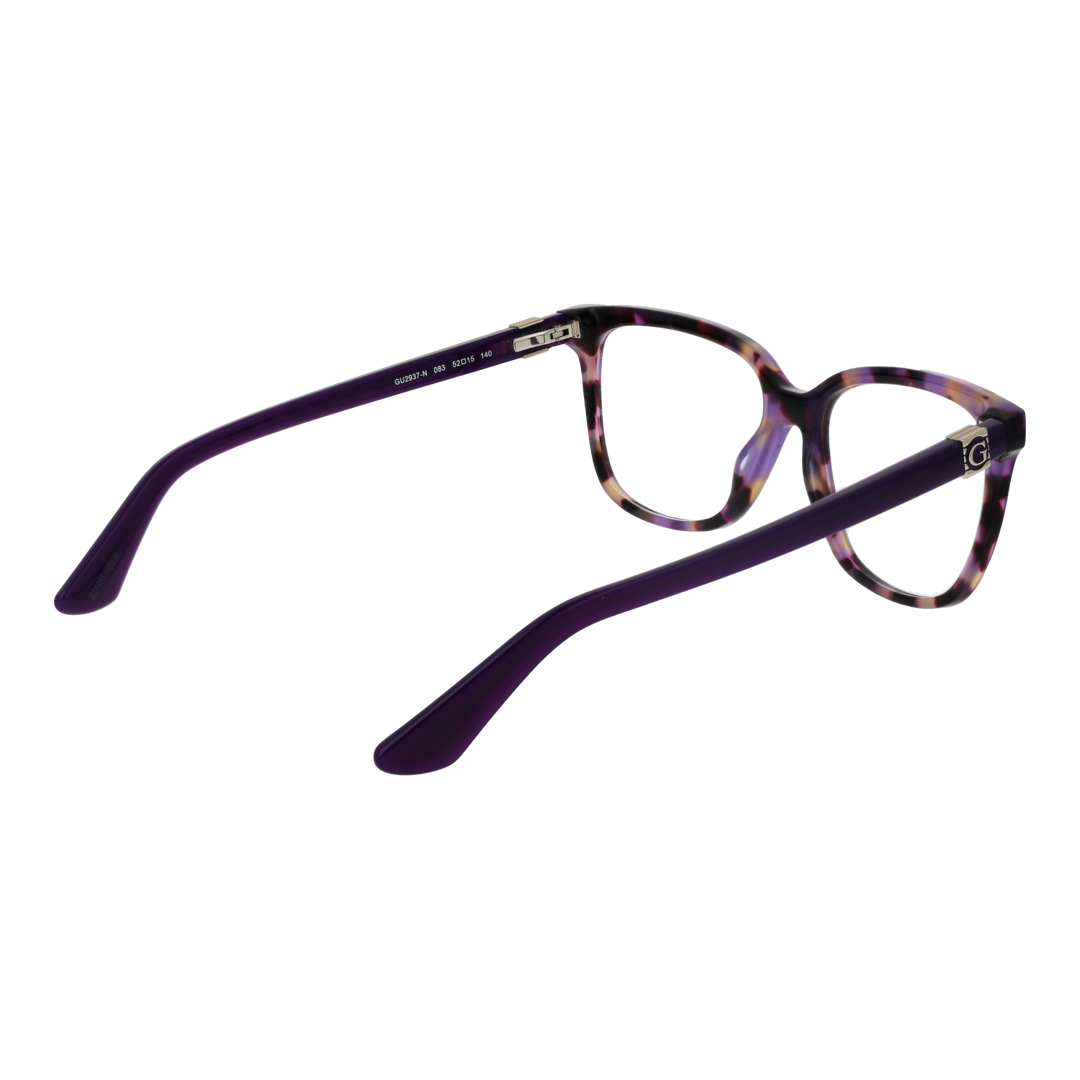 Front and three-quarter view of tortoiseshell square eyeglasses with metal logo temples in purple, black, pink tones