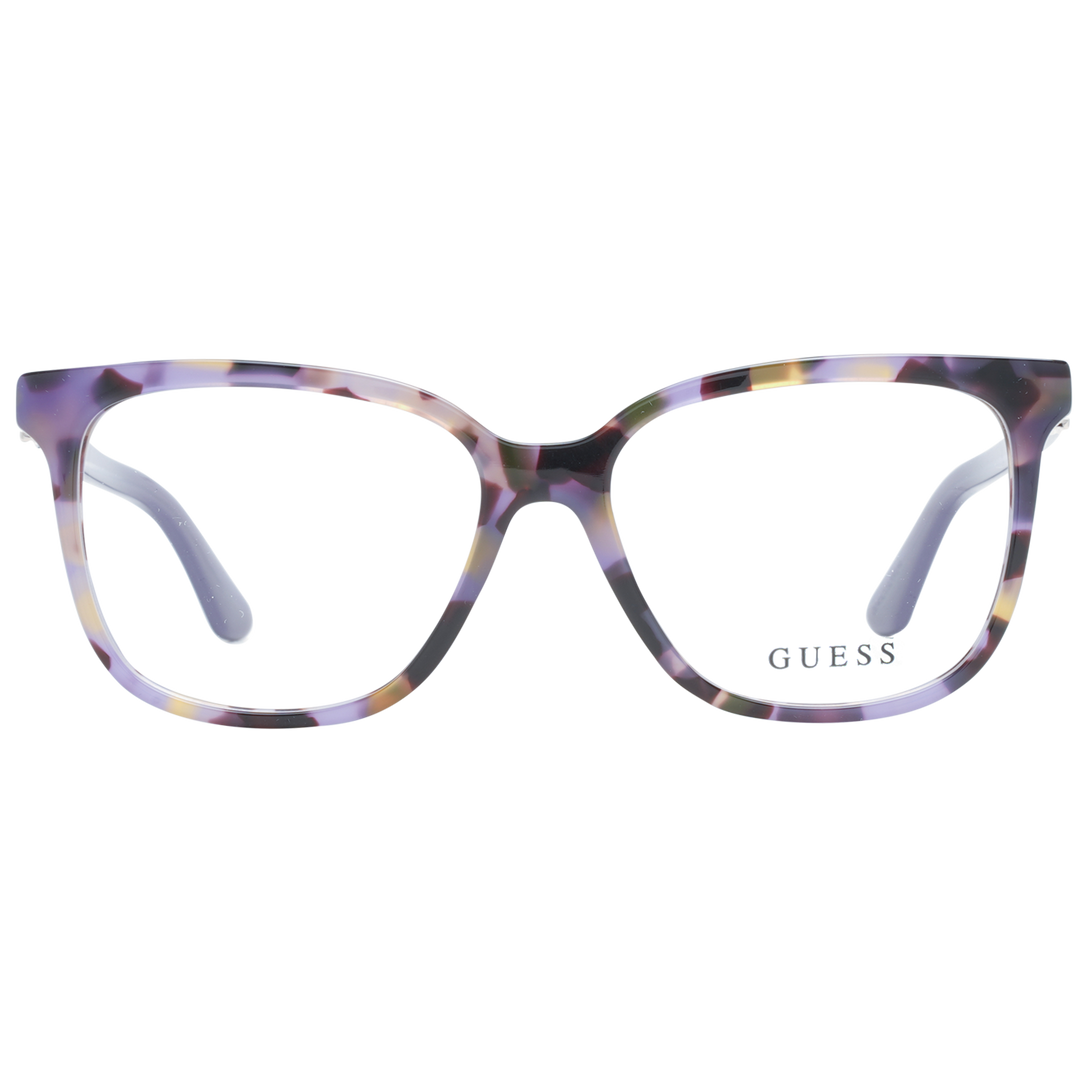 Purple multicolor tortoiseshell square eyeglasses in plastic with metallic G logo on temples, frontal view