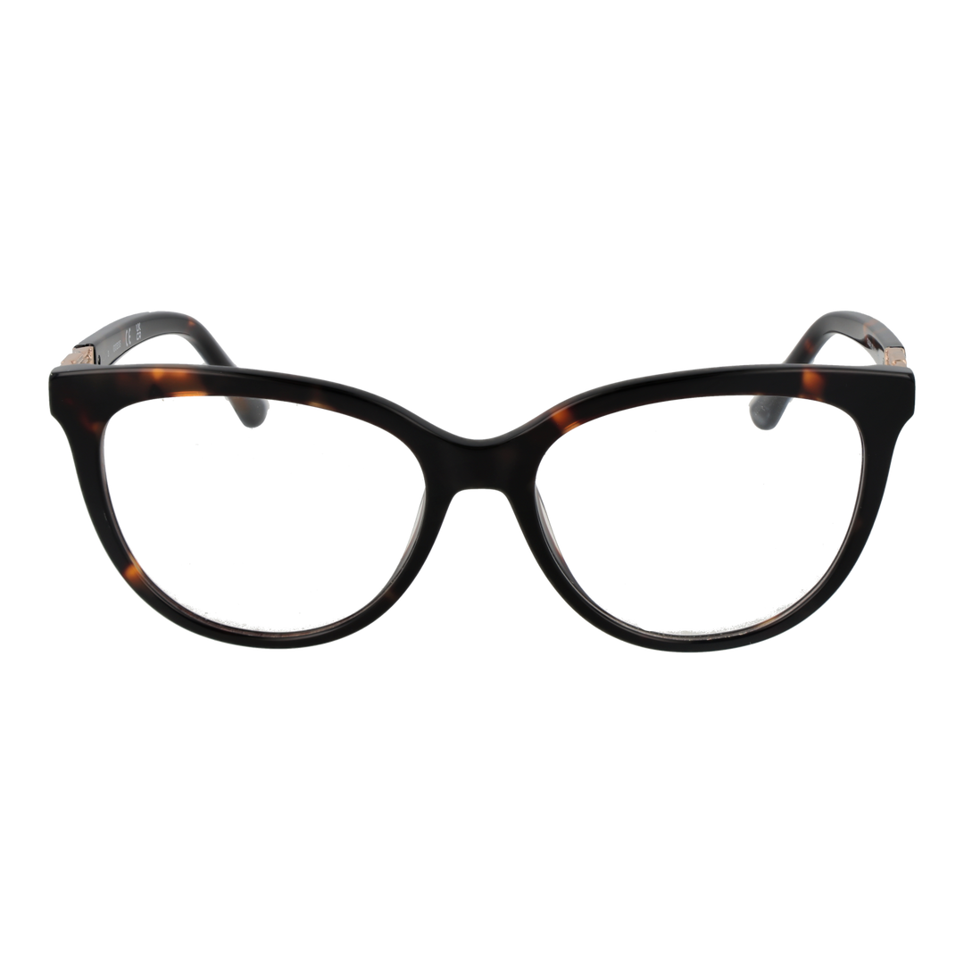 Black tortoiseshell cat-eye eyeglasses for Women with gold temple emblem, plastic frame and metal accents