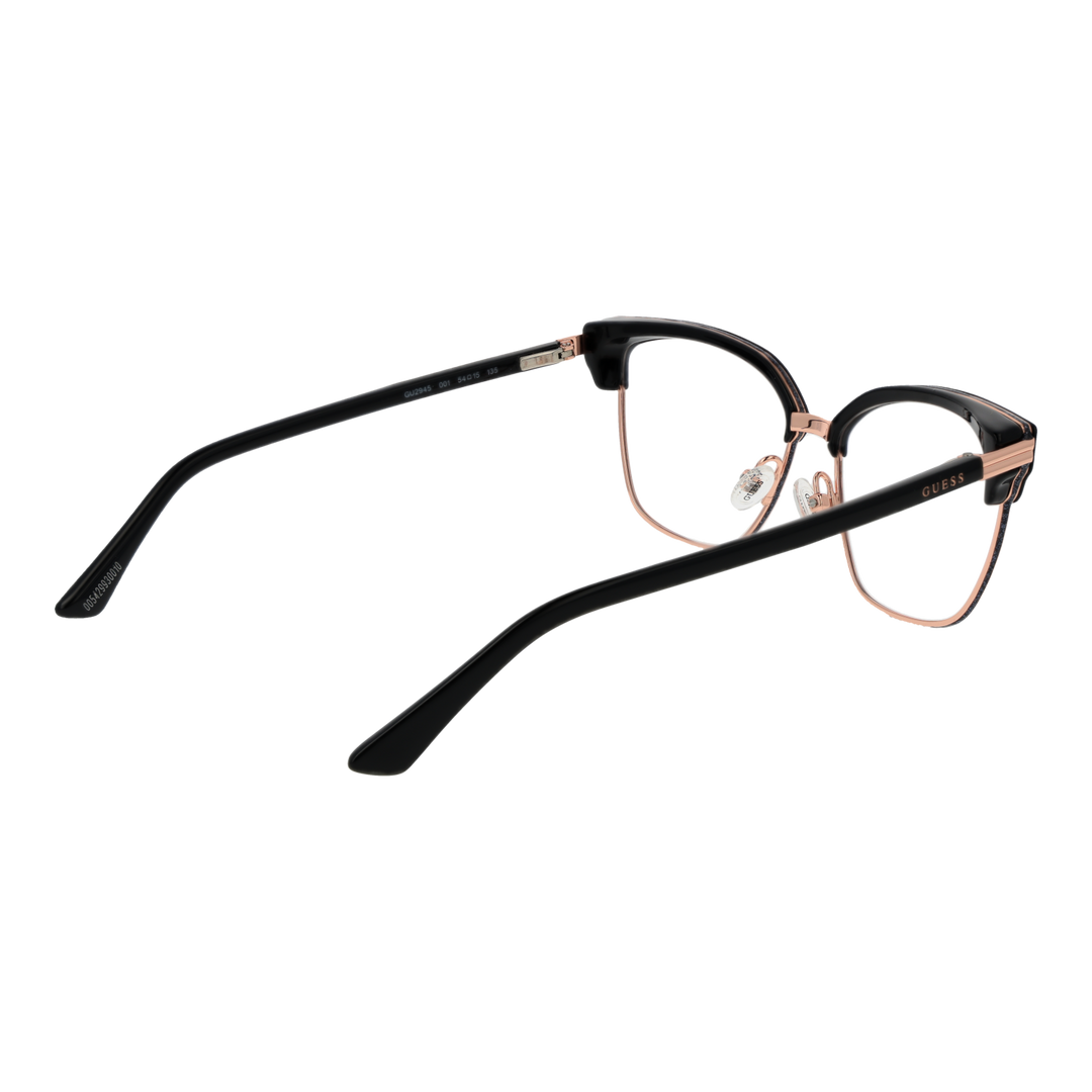 Black metal cat-eye eyeglasses with rose gold accents and plastic temple tips on neutral background