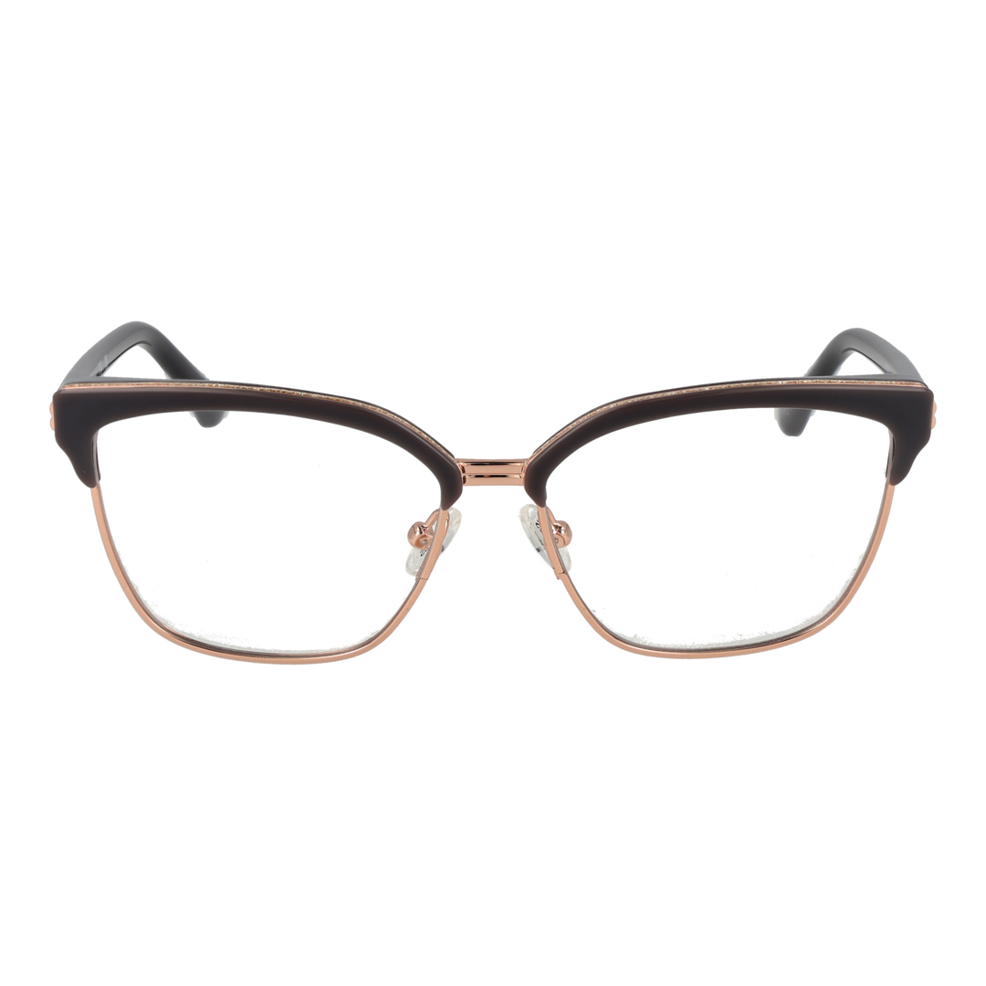 Black cat-eye eyeglasses with rose-gold metal frame and black plastic temples on white background