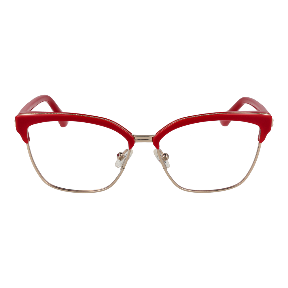 Red cat-eye eyeglasses with gold metal frame and plastic temple tips shown front-on