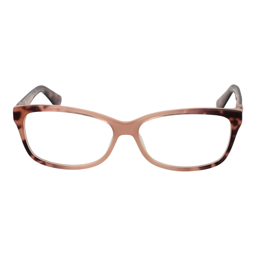 Brown and pink tortoiseshell rectangular eyeglasses in glossy plastic with metal logo on temples