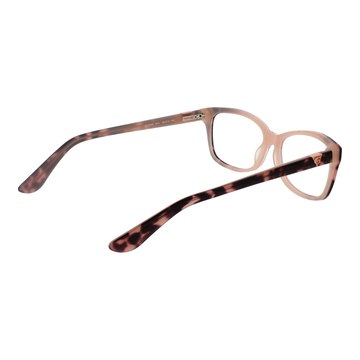 Brown and pink tortoiseshell rectangular eyeglasses in glossy plastic with metal logo on temples