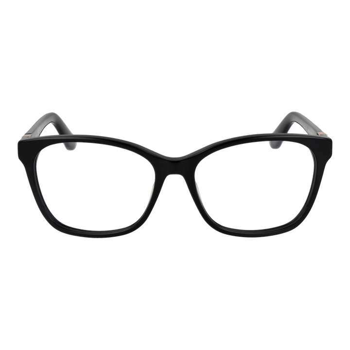 Black full-rim rectangular eyeglasses with rose-gold temple accents on a neutral background for Women