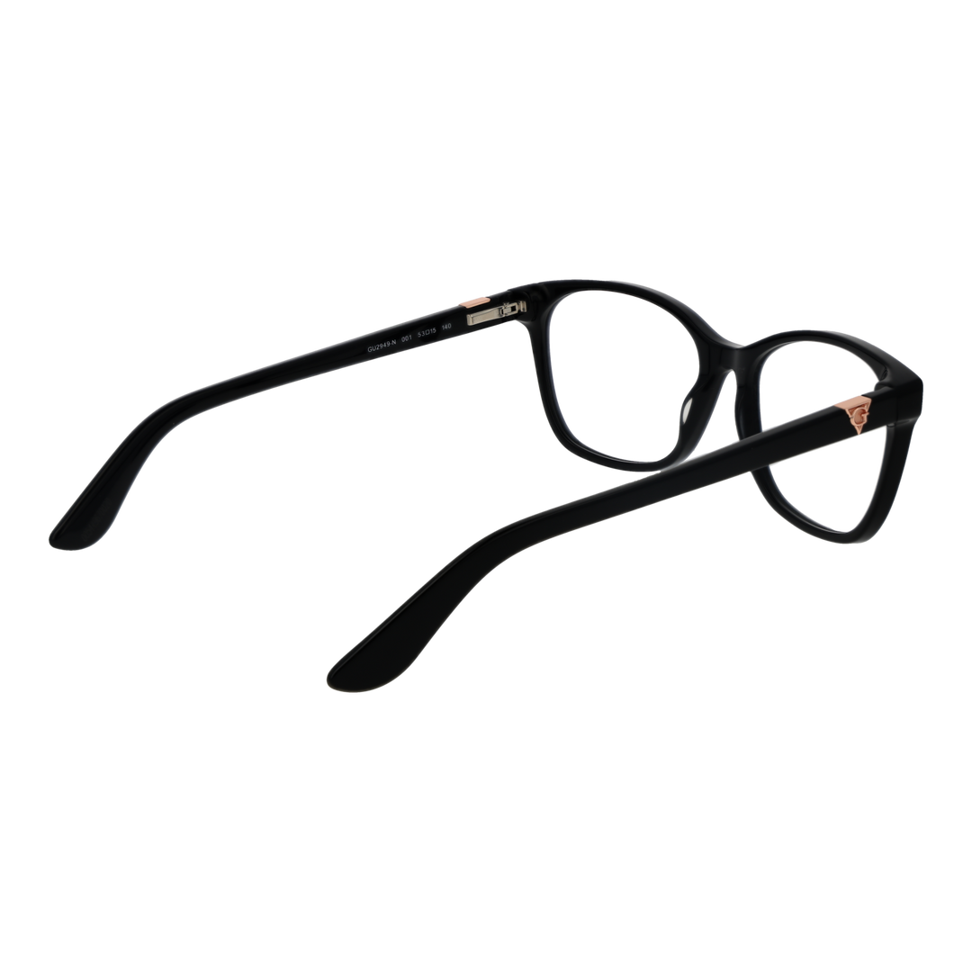 Black full-rim rectangular eyeglasses with rose-gold temple accents on a neutral background for Women