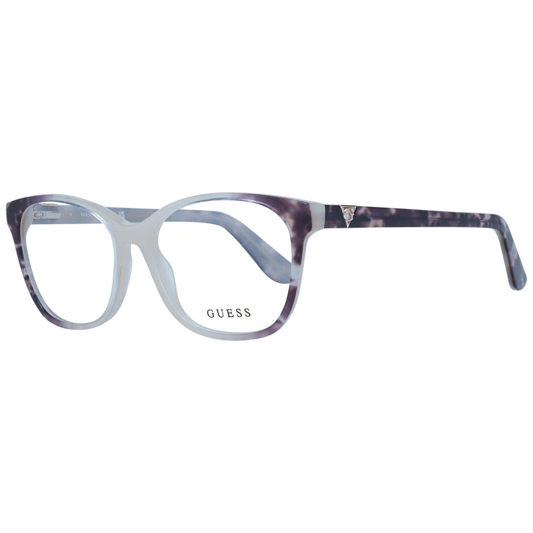 Purple and white patterned rectangular eyeglasses in plastic with metal logo on temple, front three-quarter view