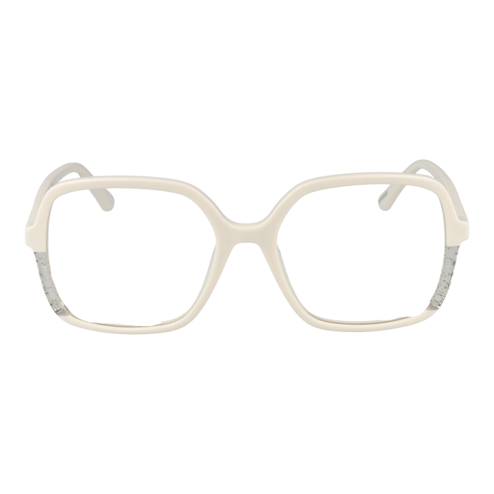 Off-white full-rim square eyeglasses for Women with clear lower edges and embedded speckles, modern plastic frame