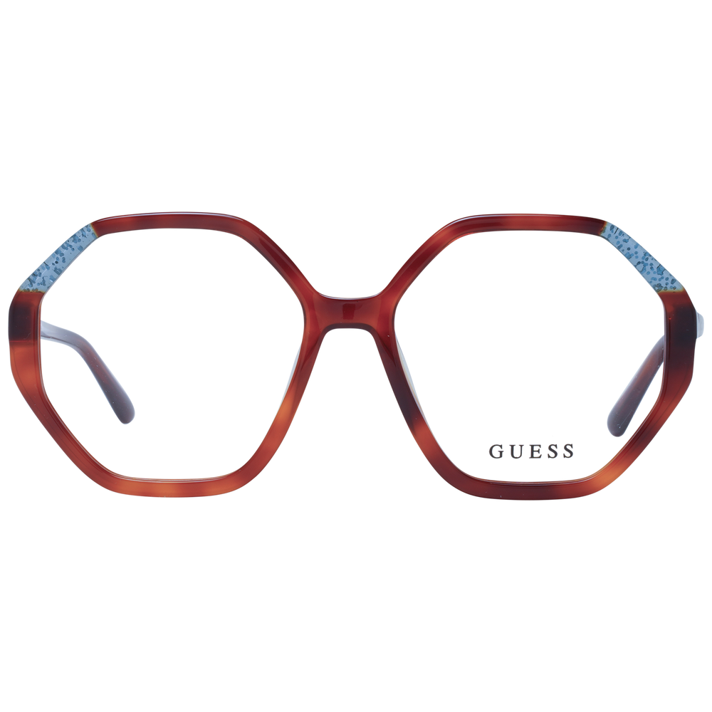 Brown hexagonal eyeglasses with blue temple accents, transparent lenses and logo detailing, plastic frame for Women