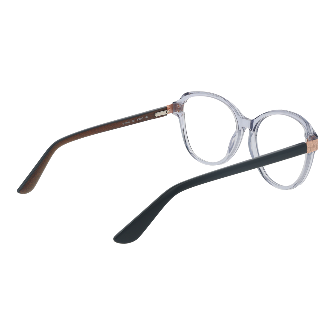 Transparent gray round eyeglasses with black temples and rose gold hinge accents, modern plastic frame