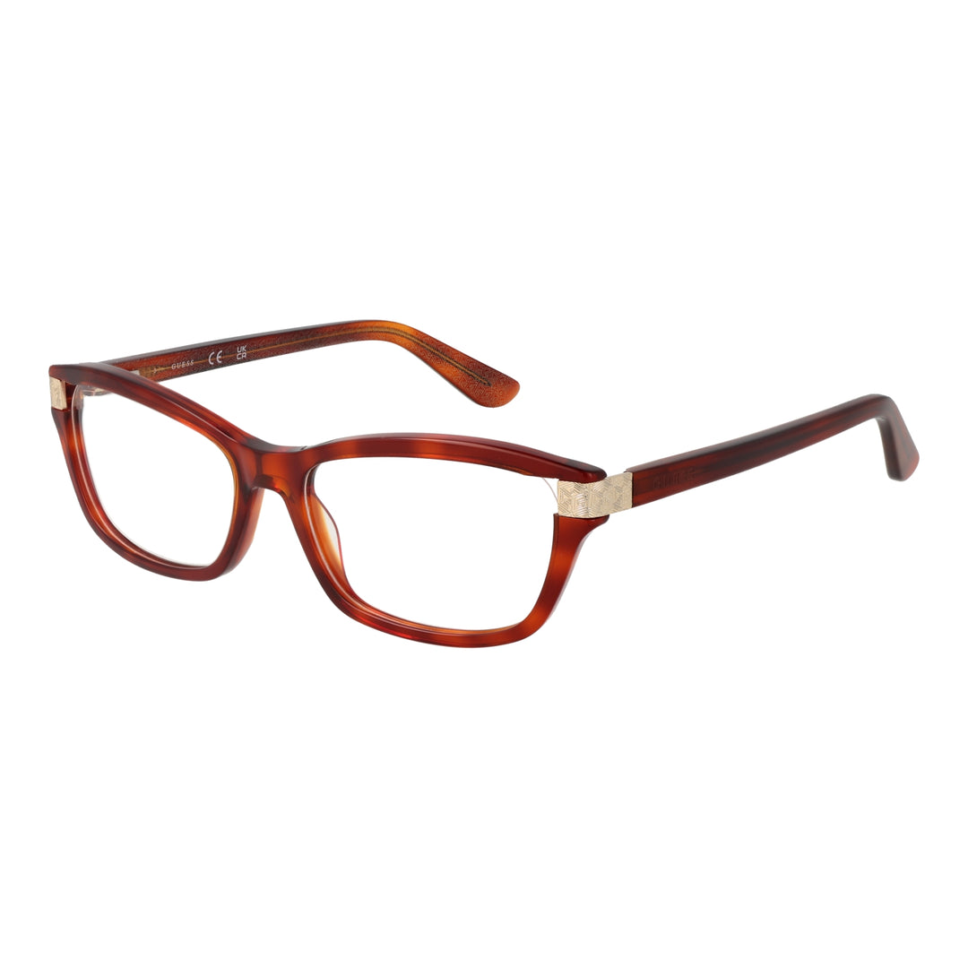 Brown full-rim rectangular eyeglasses in plastic with gold hinge and patterned inner arms, front three-quarter view
