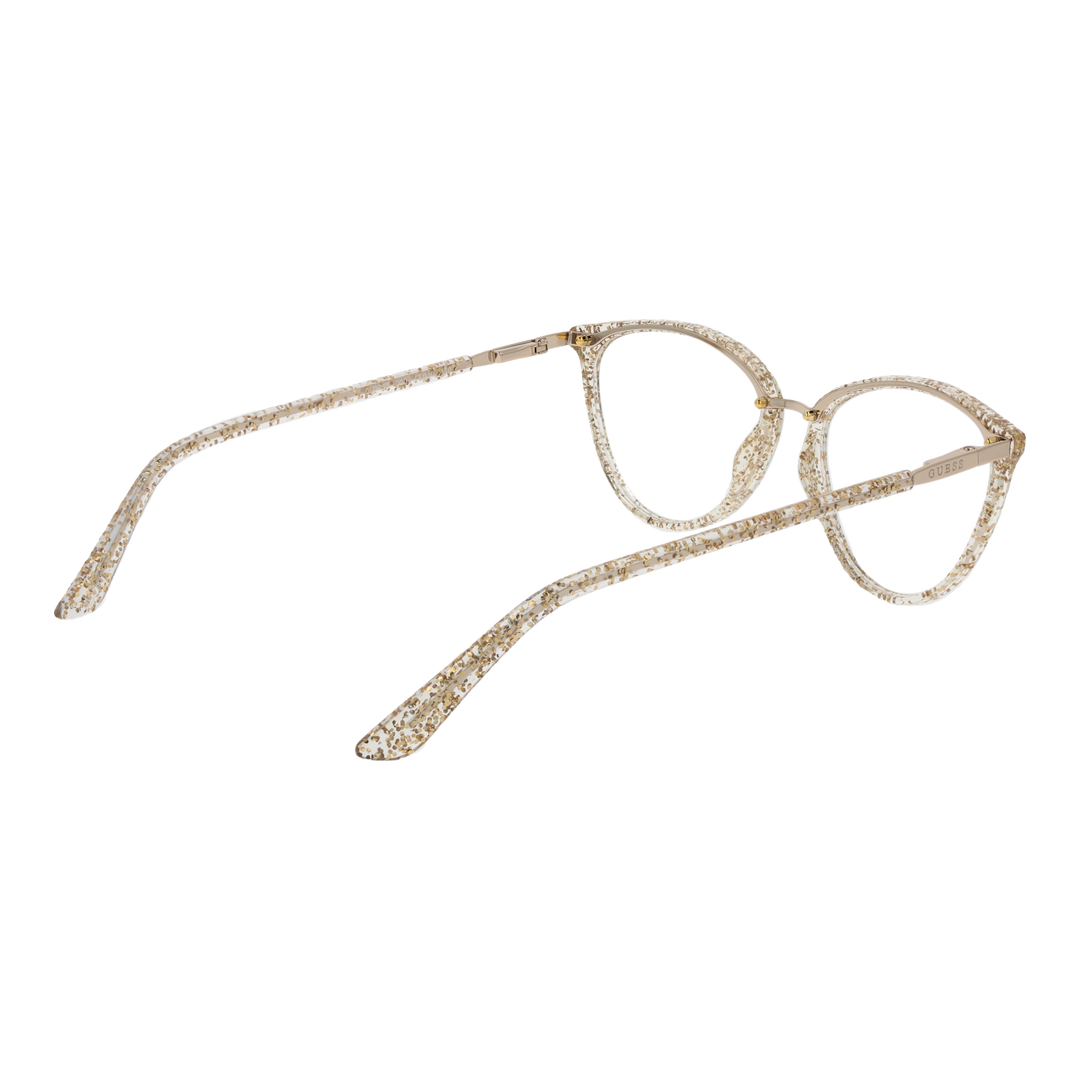 Gold metal and clear acetate cat-eye eyeglasses with embedded glitter, gold temples, front view on neutral background