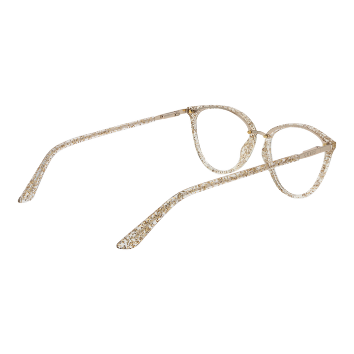 Gold metal and clear acetate cat-eye eyeglasses with embedded glitter, gold temples, front view on neutral background