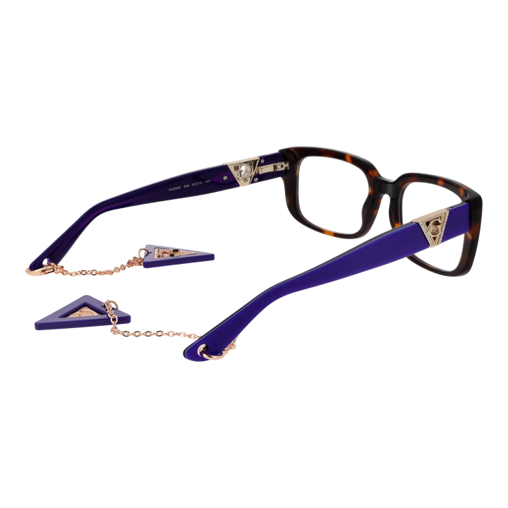 Tortoise brown square eyeglasses with gold triangle logos and decorative metal chain on temples